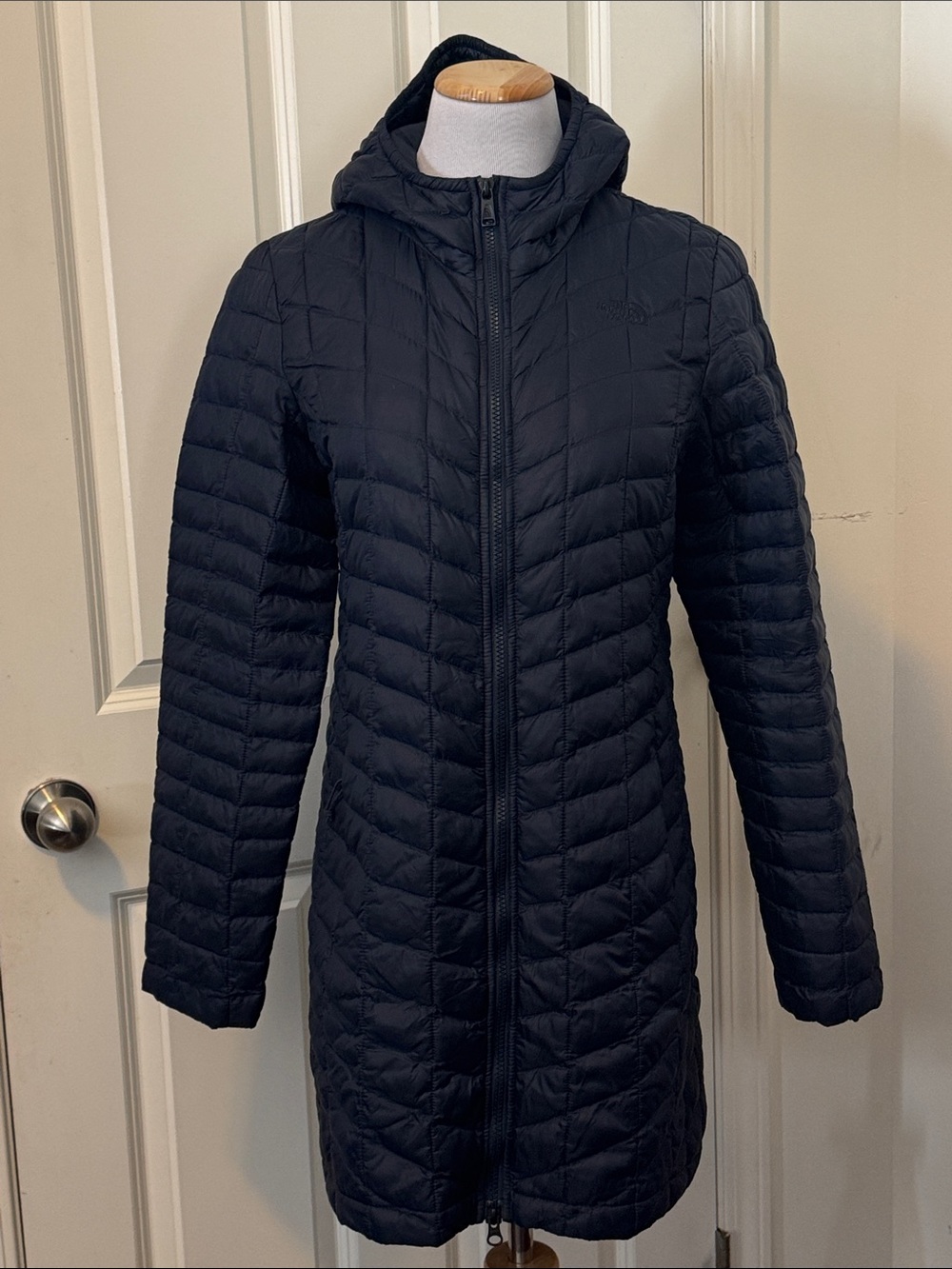 The North Face Women's Navy Quilted Hooded Long Puffer Coat